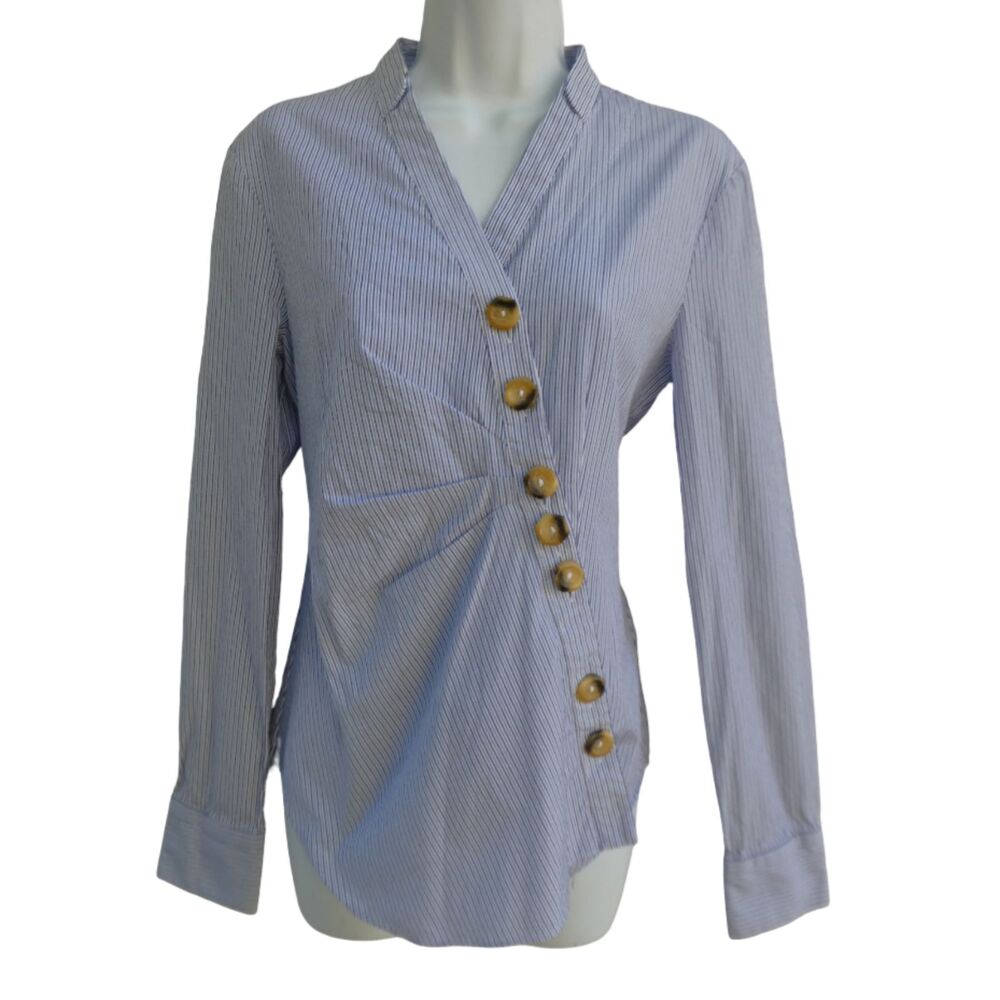 Tibi Jones Asymmetrical Pinstriped Cotton shirt Diagonal Buttons Ruched Waist 2